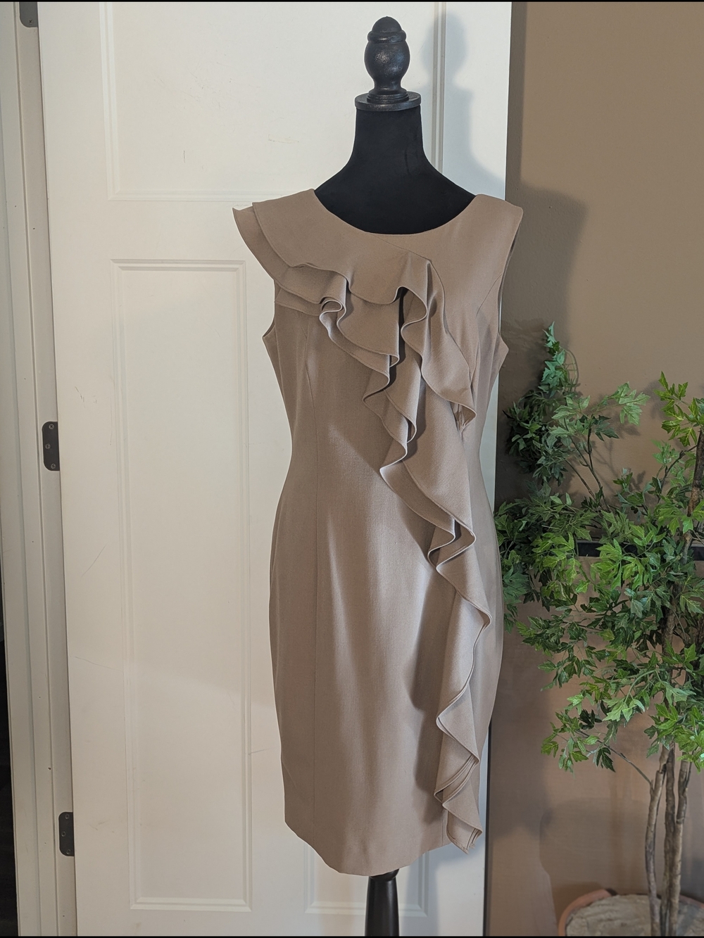 Calvin Klein Taupe Ruffle-Front Midi Sheath Dress. Size 10.